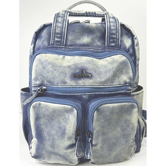 Angel Kiss Medium Backpack Blue Marbled Vegan Leather Very Soft‎ Clean - Picture 1 of 16